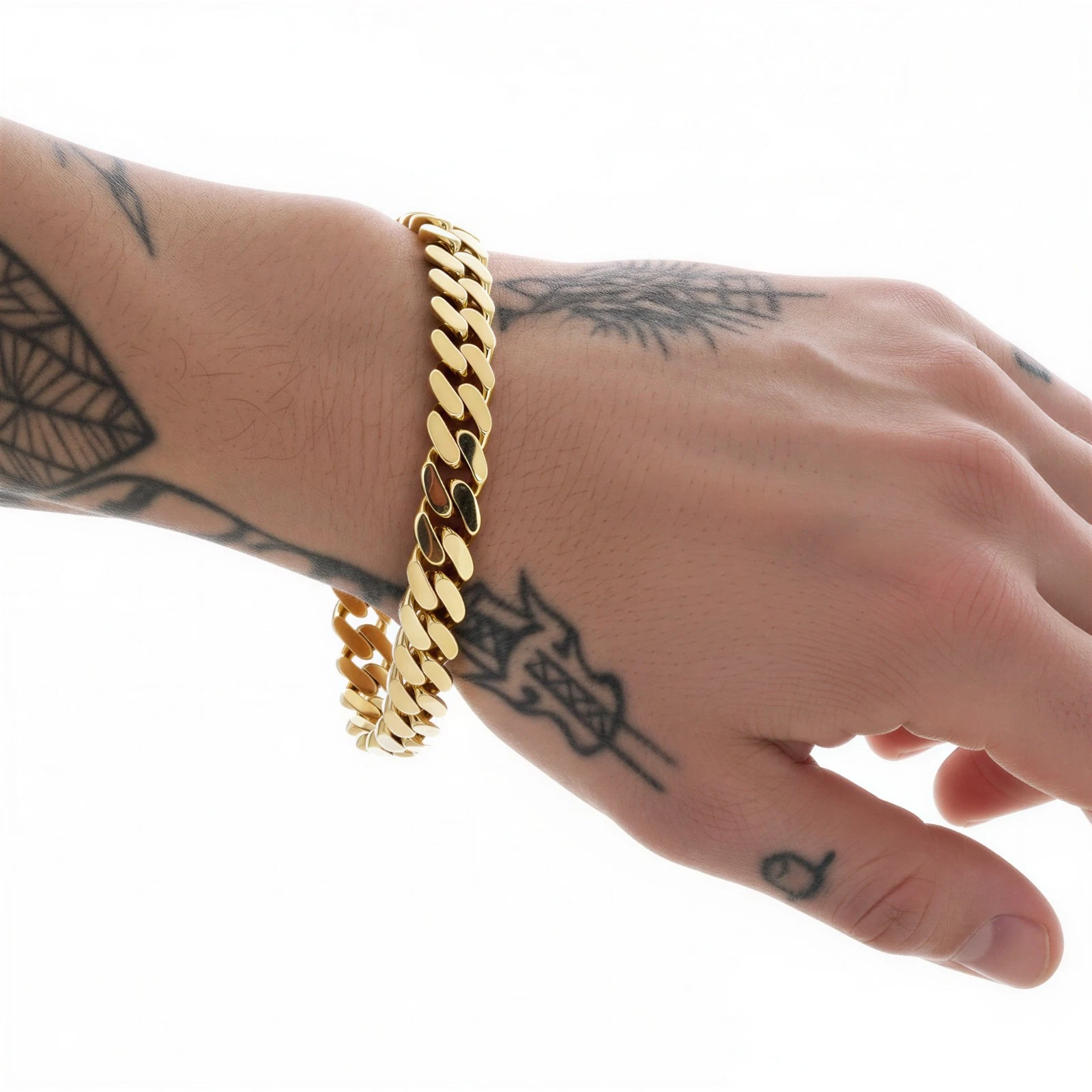 Gold Cuban link bracelet worn on a hand